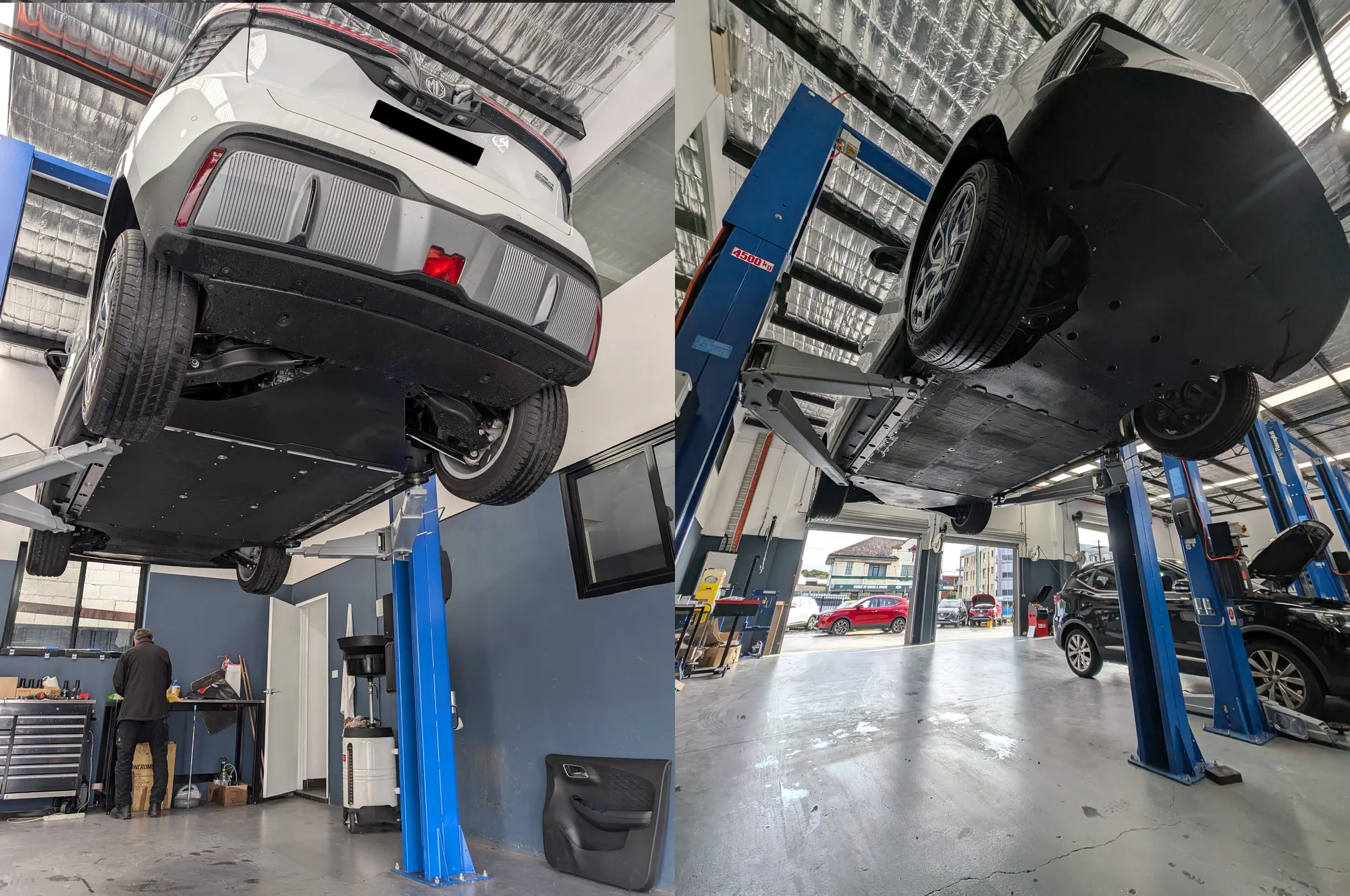 Before & After Photos: MG4 Undertray fix bulletin AS-TEC-02112023-01 on hoist